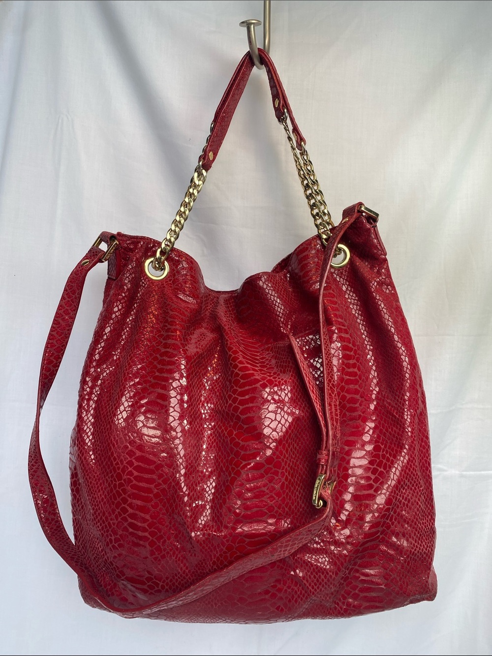 Michael Kors Red Snake-Embossed Shoulder Bag with Gold Hardware
